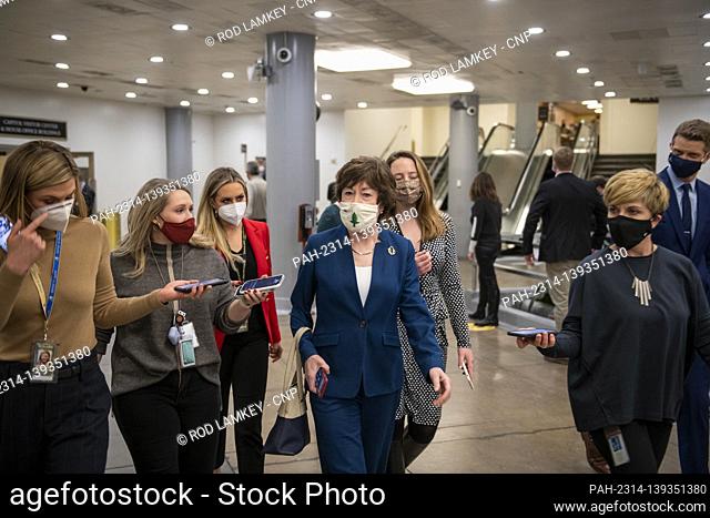 United States Senator Susan Collins (Republican of Maine) talks with reporters as she walks through the Senate subway following a Senate procedural vote to...