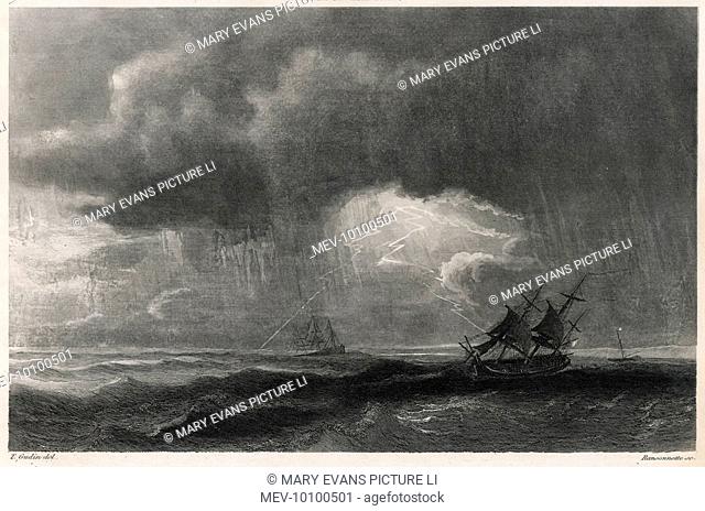 A storm at sea : sailing ships fight the heavy seas while lightning flashes and the rain falls in torrents