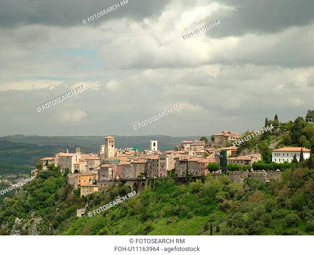 Italy, Narni, Umbria, Europe, Scenic view of the medieval walled hill town of Narni