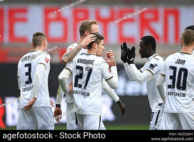 jubilation over the 1-1: left to right Pavel Kaderabek (Hoffenheim), Andrej Kramaric (Hoffenheim), Diadie Samassekou (Hoffenheim). GES / Football / 1