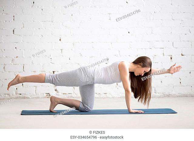 Attractive young woman working out indoors. Beautiful model doing exercises on blue mat in room with white walls. Bird-dog or kneeling opposite arm and leg...