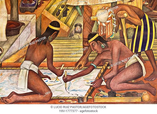 America. Mexico. Mexico DF. National Palace. Tarascan or Purépecha culture of Michoacan mural. Old men teaching to two young men painting a codex