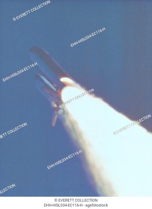 Space shuttle Challenger disaster. At 58.778 seconds into the flight, a large flame plume is visible on the booster rocket