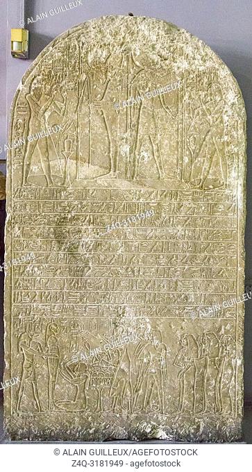 Egypt, Cairo, Egyptian Museum, stele of Ipuia and Nefertari, Saqqara, Dynasty 18, north side of Teti pyramid. Hymn to Ra
