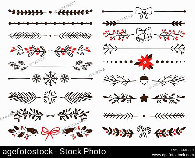 Hand drawn ornamental winter dividers. Snowflakes borders, Christmas holiday decor and floral ornate dividers. Ornamental wedding or Xmas card floral frames...
