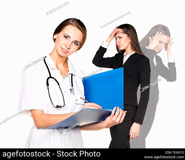 Stressed  young attractive business woman has reception at the doctor about headache