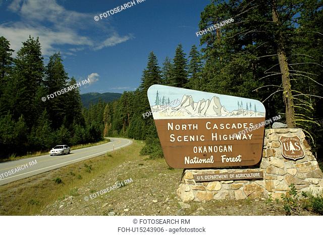 North Cascades Scenic Highway, WA, Washington, Okanogan National Forest, Cascade Range, entrance sign, SR 20