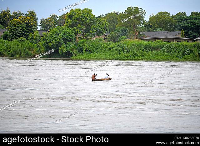Two men in a dugout on the White Nile near the South Sudanese capital of Juba, taken on 28.07.2019. The Nile in its total length of approx