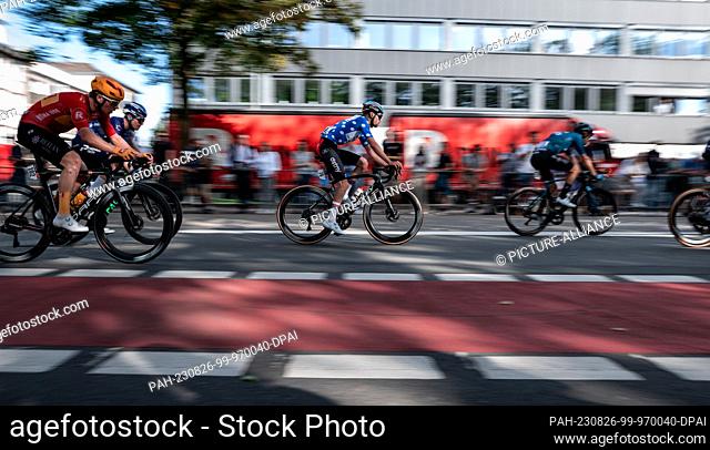 26 August 2023, North Rhine-Westphalia, Essen: Cycling: Tour of Germany, Arnsberg - Essen (174.00 km), stage 3. Harm Vanhoucke (76) rides on the route in...