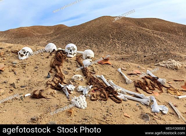 Peru, Nazca, Cahuachi ceremonial center, skulls and bones in the desert