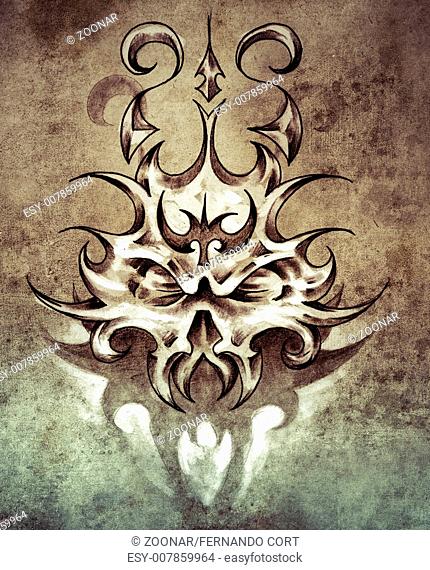 Sketch of tattoo art, skull mask with tribal design on vintage paper, handmade illustration