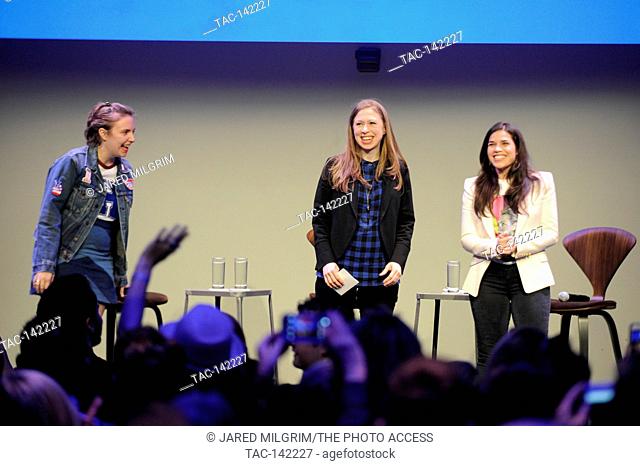 Chelsea Clinton (c), Lena Dunham (l) and America Ferrera (r) attend a conversation with Chelsea Clinton at NeueHouse on March 20, 2016 in Los Angeles