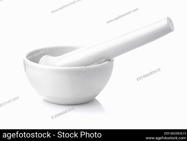 White porcelain lab mortar and pestle isolated on white