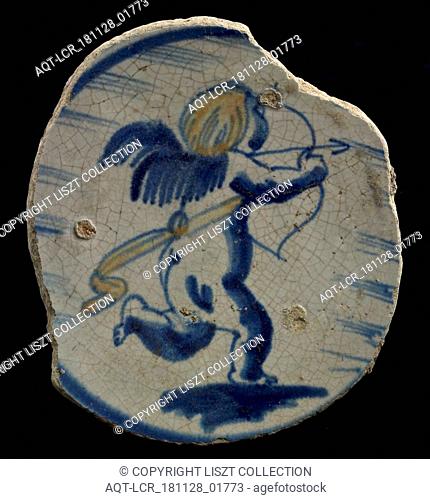Fragment majolica dish, polychrome, cupid, amor or putto shooting with bow and arrow, dish crockery holder soil find ceramic earthenware glaze