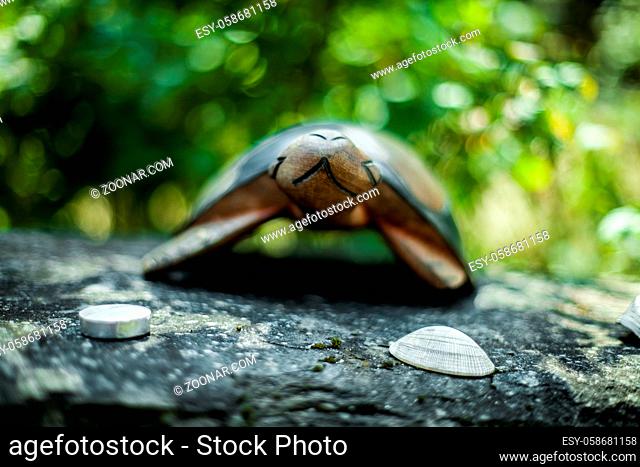 Turle sculpture made of wood and facing the camera, displayed on a rock with a blurry green background