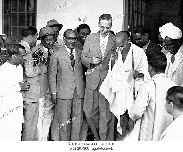 Gandhi with British Parliamentarian Sir Stafford Cripps. Delhi. India. March 27, 1942