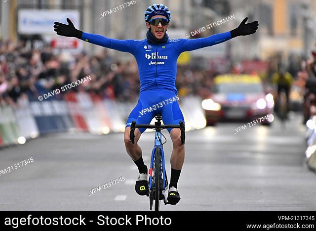 Britain's Simon Yates of BikeExchange-Jayco celebrates as he crosses the finish line of stage eight, the final stage of the 80th edition of the Paris-Nice...