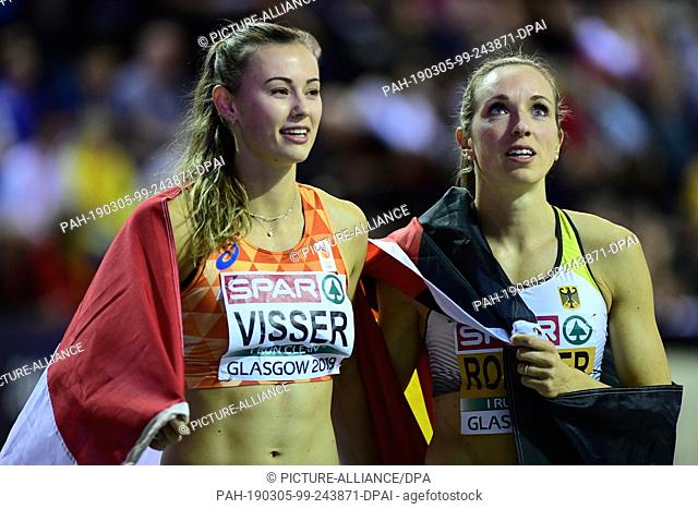 03 March 2019, Great Britain, Glasgow: Athletics, European Indoor Championships, hurdles, women, finals, in the Emirates Arena: Winner Nadine Visser (l)