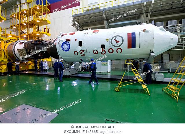 The Soyuz MS-02 spacecraft is seen while being encapsulated in its fairing on Thursday, Tuesday, Oct. 11, 2016 at the Baikonur Cosmodrome in Kazakhstan