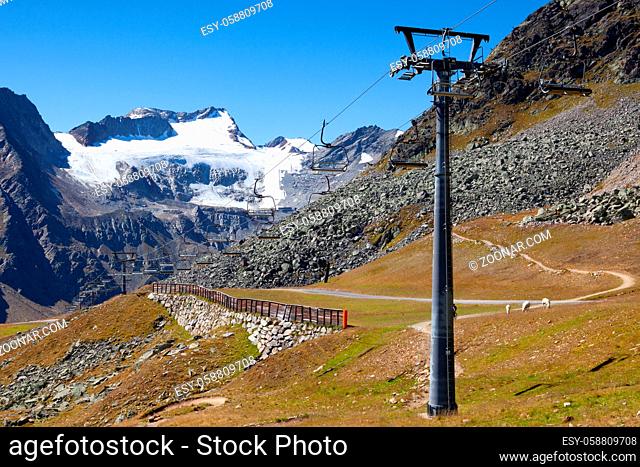 The Tiefenbach glacier located near Solden in the Otztal Alps of Tyrol, Austria. During the winter, the glacier is accessible by cable car and from spring time...