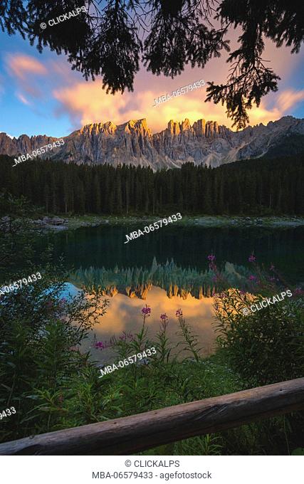 Carezza lake at sunset, Bolzano province, Trentino Alto Adige, Italy