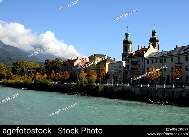 Innsbruck, Innsbruck, inn, tirol, österreich, haus, häuser, häuserfront, stadt, architektur, ufer, fluss, alpen, kirche