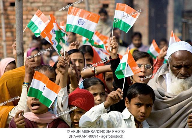 Muslim children's procession against child labour with Indian flag on republic day 26th January in Varanasi ; Uttar Pradesh ; India
