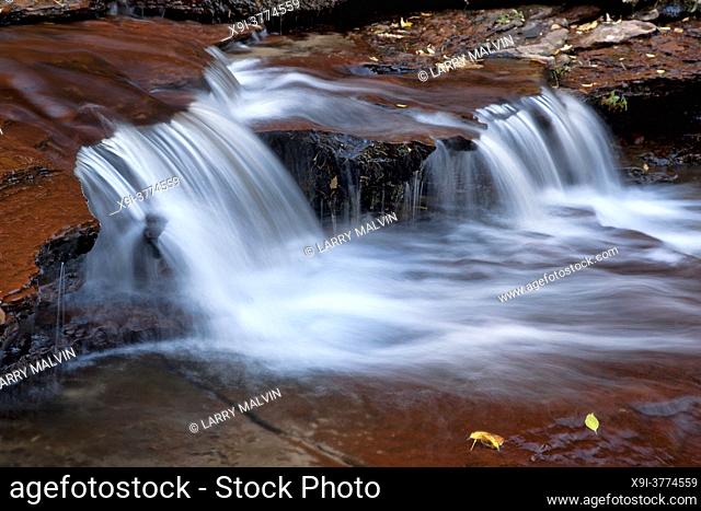 Extreme close-up of cascades along the Left Creek of North Fork in the terrace section of the Subway hike in Zion National Park, Utah