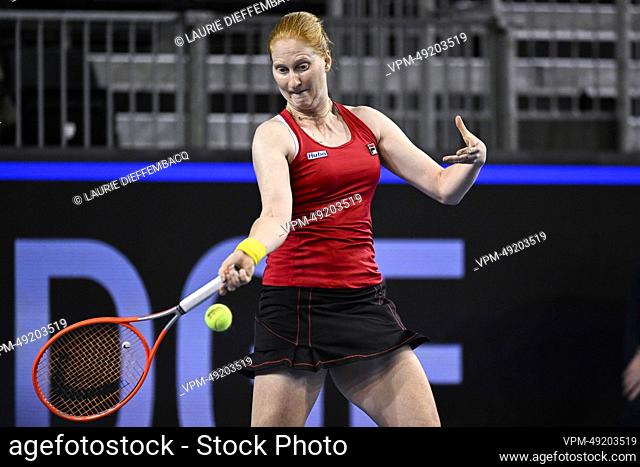 Belgian Alison Van Uytvanck pictured in action during a tennis match against Australian Sanders, match one of the tie between Belgium and Australia in the group...