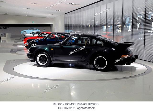 At front, Porsche 911 Turbo 3.0 Coupe, New Porsche Museum, Stuttgart, Baden-Wuerttemberg, Germany, Europe