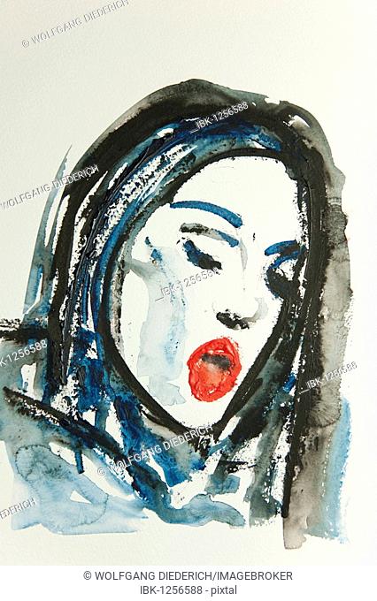 Portrait of a woman's face, watercolor, artist Gerhard Kraus, Kriftel, Germany, Europe
