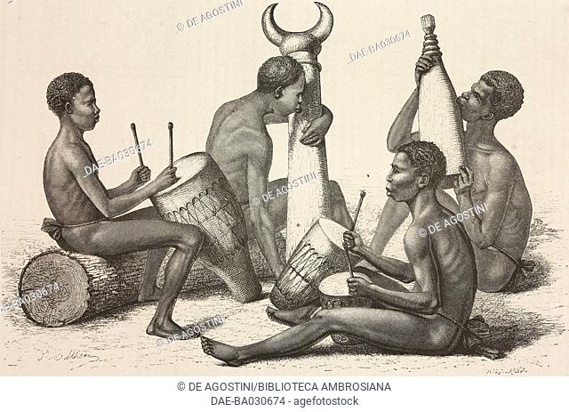 Bongo men playing musical instruments, drawing by Oscar-Pierre Mathieu (1845-1881) from Heart of Africa: Three years' travels and adventures in the unexplored...