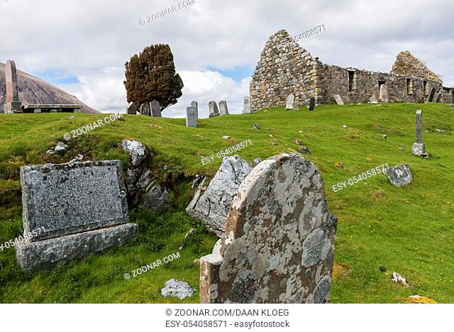 Loch Cill Chriosd, Scotland - May 7, 2015: Graveyard with chapel and gravestones near Loch Cill Chriosd in the Highlands of Scotland, image Daan Kloeg, Commee
