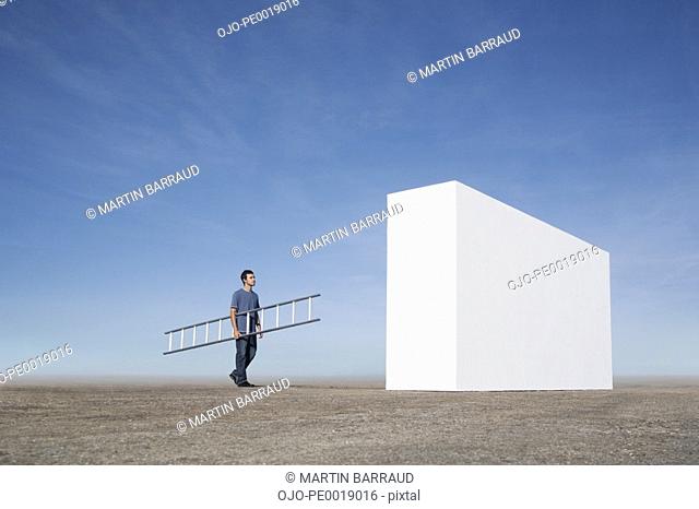Man with ladder approaching wall outdoors