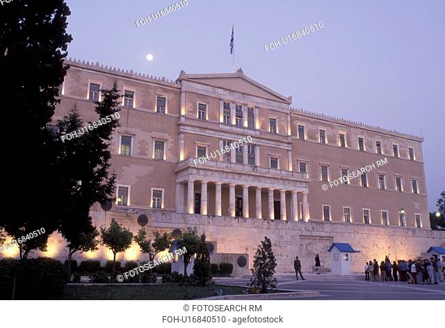 Parliament, Athens, Greece, Europe, House of the Greek Parliament at Plateia Syntagmatos (Constitution Square) in the evening in downtown Athens