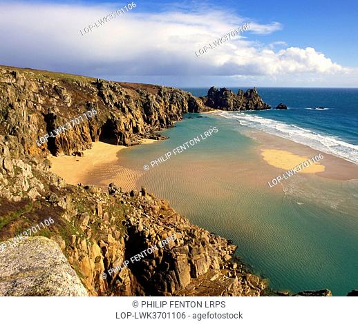 England, Cornwall, Pedn Vounder. Pedn Vounder Beach, situated below Treen Cliffs, close to the Minack Open Air Theatre