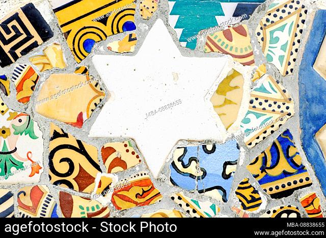 Mosaic, Parc Guell by Antoni Gaudi, UNESCO World Heritage Site, Barcelona, Spain