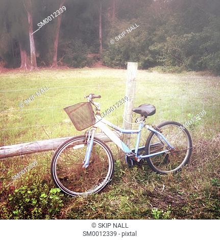 A bicycle sitting beside a barb wire fence in the countryside