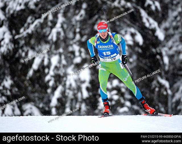 12 February 2021, Slovenia, Pokljuka: Biathlon: World Cup/World Championships, Sprint 10 km, Men. Miha Dovzan from Slovenia in action