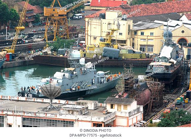 Shipping , An Ariel view of Indian Naval Shipyard where some of the Naval Ships had been parked for repairs , at the Lion gate situated in Bombay