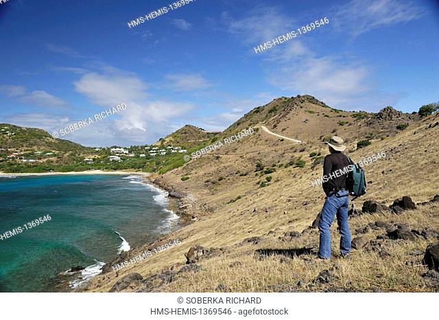 France, French West Indies, Saint Barthelemy, Toiny, hiker on the Toiny edge