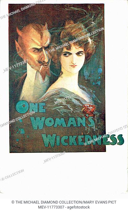 Promotional postcard for One Woman’s Wickedness by Charles H. Phelps. First produced Smethwick, 15th December 1902. The devil is smoking a cigarette