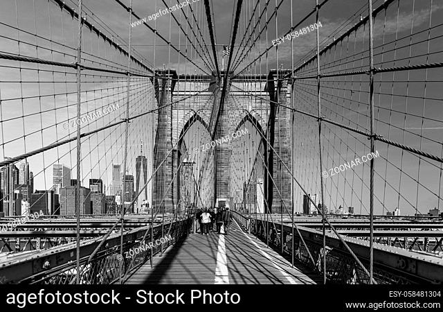 A black and white picture of the Brookyn Bridge