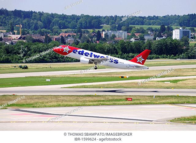 Airbus 320 from Edelweiss Air taking off, Kloten Airport, Switzerland, Europe