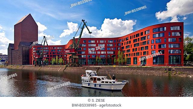Landesarchiv NRW with two cranes in the inner harbour, Germany, North Rhine-Westphalia, Ruhr Area, Duisburg