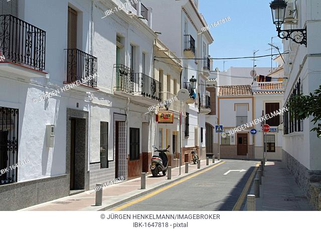 Street, shops in Nerja, Malaga province, Andalusia, Costa del Sol, Spain, Europe