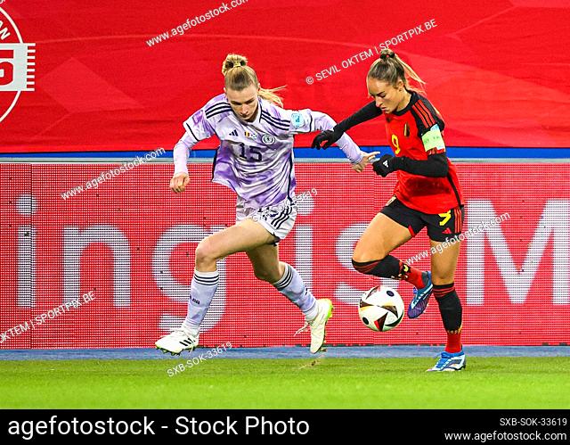 Scotland's Jenna Clark (15) and Belgium's Tessa Wullaert (captain)(9) pictured during a match between Belgium's national women's team