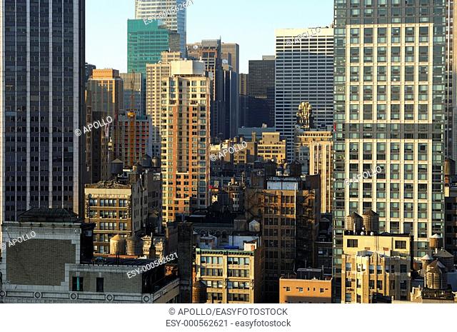 Urban compression with low-rising residential and commercial buildings in midtown Manhattan, New York, USA
