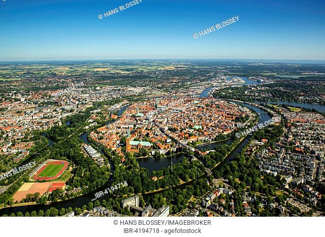 Historic centre of Lübeck with Trave and Obertrave, Bay of Lübeck, Lübeck, Schleswig-Holstein, Germany
