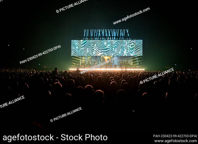 23 April 2023, North Rhine-Westphalia, Oberhausen: Hans Zimmer and his musicians are on stage at the kick-off of the ""Hans Zimmer Live - Europe Tour 2023"" at...